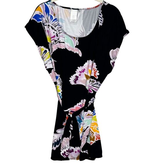 Trina Turk Seychelles Tunic Swim Cover Up Dress Small Black Floral Belted Resort - Picture 1 of 12